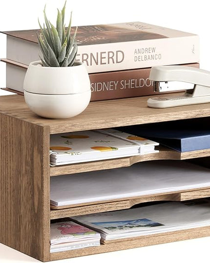 KIRIGEN Wooden Desktop Organizer Paper Storage Letter Tray File Sorter - Desk Rack Magazine File Dividers Holders for Home Office Accessories with 3 Layer Trays Dark Brown (3KWJG-DBR)