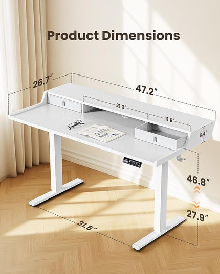 ErGear Electric Standing Desk with Drawers, 48″ x 24″ Gaming Table Compatible Monitor Stand, Stand up Desks, Home Office Height-Adjustable Desk with Storage Shelf, 4 Preset Heights, White