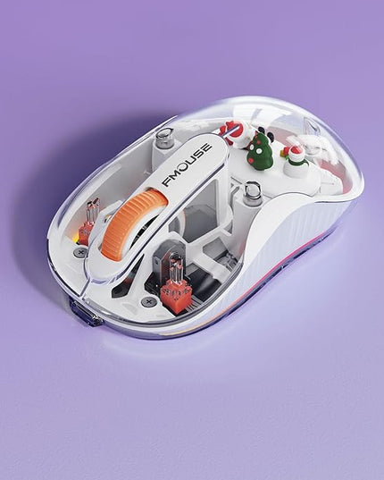 White Transparent Wireless Mouse with Cute Santa Doll, Dual Receivers (USB & Type-C), Tri-Mode Bluetooth+2.4GHz, Rechargeable Silent Portable Mice for MacBook/Laptops/PC/Office/Home