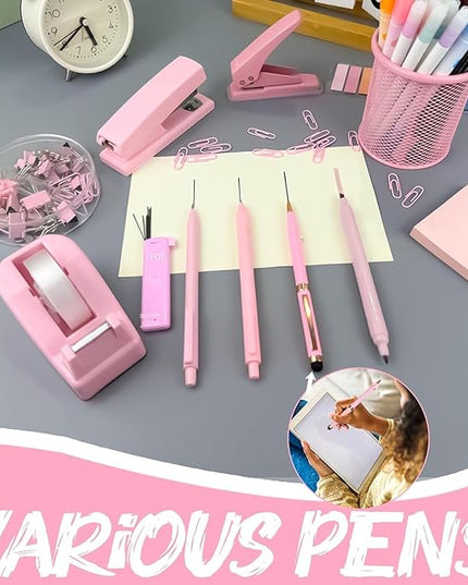 Pink Office Supplies, 17Pcs Pink Desk Accessories Set Include Stapler, Mesh Desk Organizer, Tape Dispenser, Staple Remover, Pen Holder, Clips, Pens, Ruler, for Office Home School Women Students Gift