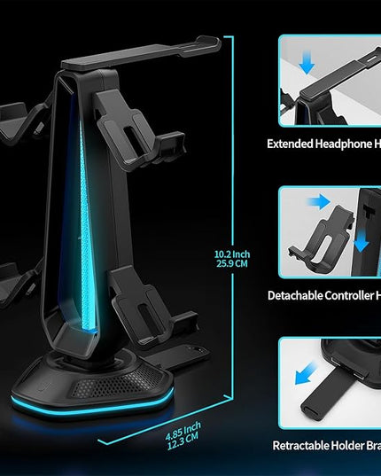 RGB Headset Stand with 9 Light Modes and 2 USB Charging Ports - Controller Holder for Desk - Headphone Stand & Detachable Controller Hook for PC Earphone Gaming Room Setup Accessories