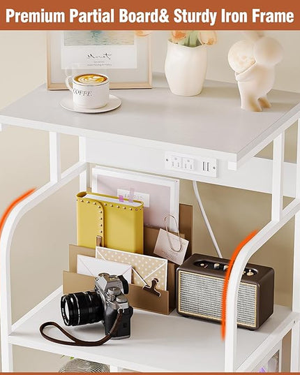 VEDECASA Mobile High Printer Stand with Power Outlet Charging Plugs USB Port Office Storage Shelf Includes Computer Tower CPU Stand Holder with Wheel (White)