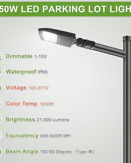 LED Parking Lot Lighting 150W, 21000LM 1-10V Dimmable LED Street Light, Outdoor Shoebox Area Light, Surge Protector Built-in, Slip Fitter Mount