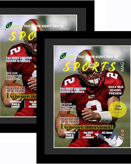 Goldfinch 2 Packs Sports Magazine Frames - Displays Measuring 8 x 10.5 Inches With Black Core Matting - Suitable for 1994-Current Collector's Edition Sports Magazines With Installed Hangers