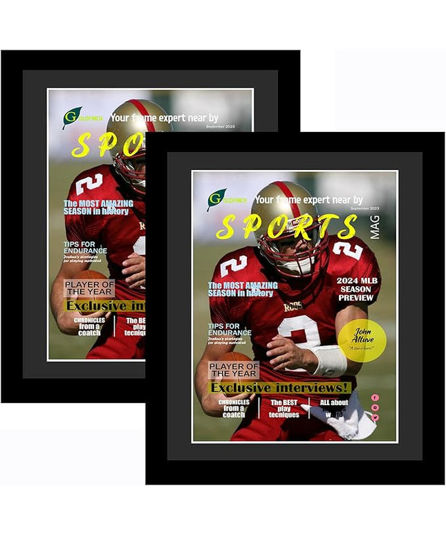 Goldfinch 2 Packs Sports Magazine Frames - Displays Measuring 8 x 10.5 Inches With Black Core Matting - Suitable for 1994-Current Collector's Edition Sports Magazines With Installed Hangers