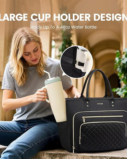 LOVEVOOK Teacher Tote Bag for Women Work, Laptop Bag Work Tote Bag Nurse Bags With Large Cup Holder, Professional Computer Briefcase Business Large Purses Handbag, Diaper Bag Mother Gift, Black
