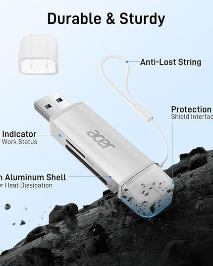 acer SD Card Reader USB C, Dual Slots USB 3.0 Type C to Micro SD Card Adapter, Memory Card Reader for MicroSD, SDHC, SDXC, Compatible with Laptop, PC, iPhone16/15, MacBook, iPad Pro, Android-Silver
