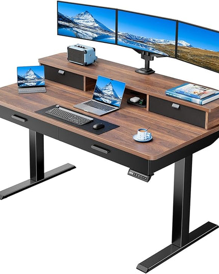 HUANUO 55 x 30 inch Electric Standing Desk with Wood Drawers, Adjustable Height Sit Stand Home Office Desk with Two Tiers, Ergonomic Adjustable Stand up Desk C-Clamp Monitor Mount Compatible, Walnut