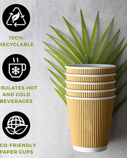 NYHI 150 10 oz Ripple Kraft Paper Cups Brown Hot Cold Cups 3 Layer Rippled Small Insulated Disposable Coffee Cups for Cappuccino Hot Cocoa or Iced Drinks