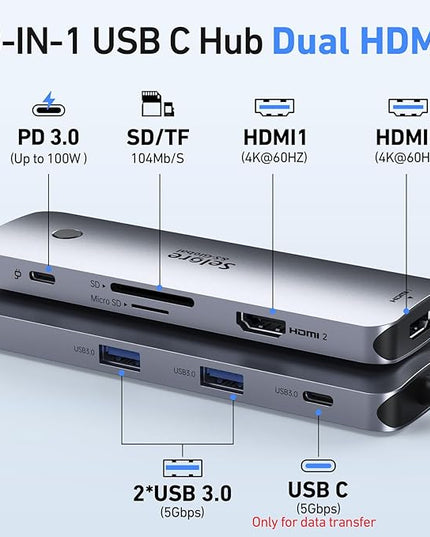 Selore USB C Docking Station Dual HDMI Monitor, USB C to Dual HDMI Adapter with 4K@60Hz HDMI, 100W PD, SD/TF, USB A&C 3.0 Ports, Laptop Docking Station for Dell XPS/HP/Lenovo/Surface/Yoga etc