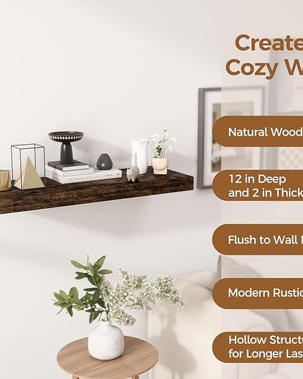 30 Inch Floating Shelves, 12 Inch Deep Floating Shelf for Wall, Rustic Deep Shelves for Books, Bathroom, Living Room, Kitchen, 30 x 12 x 2 Wood Floating Shelves, Rustic Brown Color, Set of 2