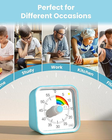 InfPokid Visual Timer for Kids with Pause Function, Cute Silent Timer with Rainbow for Classroom, Teaching, Task, Kitchen, 60 Minute Countdown Time Management for ADHD (Rainbow Blue)