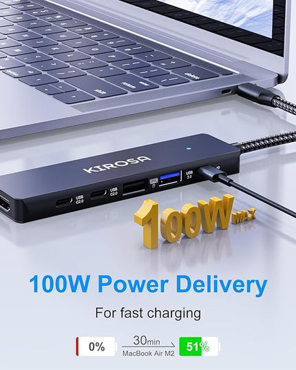 KIROSA USB C Hub: 9IN1 Multiport Adapter for Macbook Pro Air - USBC to HDMI Hub Dongle - Pocket USB-C Docking Station for Laptops and Type C Devices (4K HDMI 100W PD USB3.0 SD/TF Card Reader)