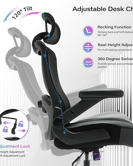 600lbs Big and Tall Office Chair- Heavy Duty Executive Computer Chair with 3D Flip Arms Large Wheels, Ergonomic Mesh High Back Desk Chair, Extra Wide Seat Adjustable Lumbar Support&Headrest