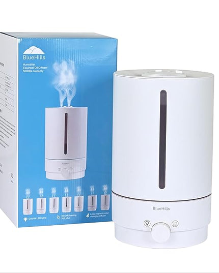 BlueHills Premium 5000 ML XL Cool and Warm Mist Ultrasonic Diffuser Humidifier Large Room Huge Coverage Area 5 Liter Big Capacity High Output 50 Hours Long Run Time Essential Oil Diffuser White W501