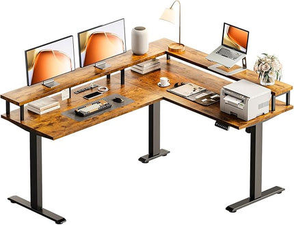 AODK Electric L Shaped Standing Desk, 59 Inch Height Adjustable Stand Up Desk with Power Outlets ＆ Full Monitor Stand, Reversible Corner Desk for Home Office ＆ Computer Workstation, Rustic Brown