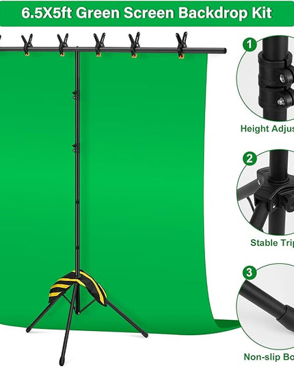 Green Screen Backdrop Kit 6.5X5ft,Portable greenscreen Background with Stand,Adjustable T-Shape Photo Backdrop Stand for Photography, Streaming,Video,Studio,Party,Zoom
