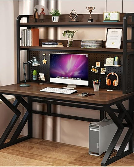 31.4in Gaming Desk with Bookshelf Combo, Computer Desk with Pegboard, Large Writing Table with Desktop Shelves, Ample Leg Room, for Home Office (Brown, 31.4in)