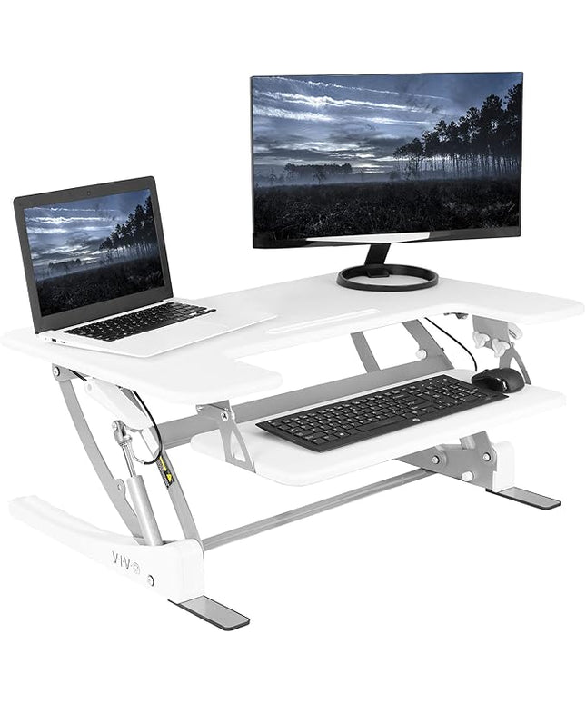 VIVO 36 inch Height Adjustable Stand Up Desk Converter, V Series, Quick Sit to Stand Tabletop Dual Monitor Riser Workstation, White, DESK-V000VW