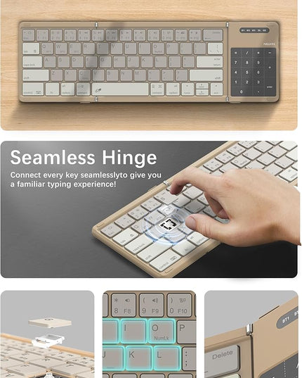 Nillkin Upgraded Foldable Bluetooth Keyboard with Touchpad & Number Pad, Portable Wireless Keyboard for Travel, Pocket-Sized, Full Size Keys, Support 3 Devices for iPad Laptop Tablets Phone, Khaki