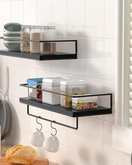 ZGO Floating Shelves for Wall Set of 2, Wall Mounted Storage Shelves with Black Metal Frame and Towel Rack for Bathroom, Bedroom, Living Room, Kitchen, Office (Black)