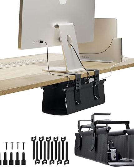 Ascrono Original No Drill Under Desk Cable Management Tray 14.1" - Premium Black Fabric Cable Management Under Desk - Clamp/Screw Mount Cord Organizer - Supports Upto 66lbs