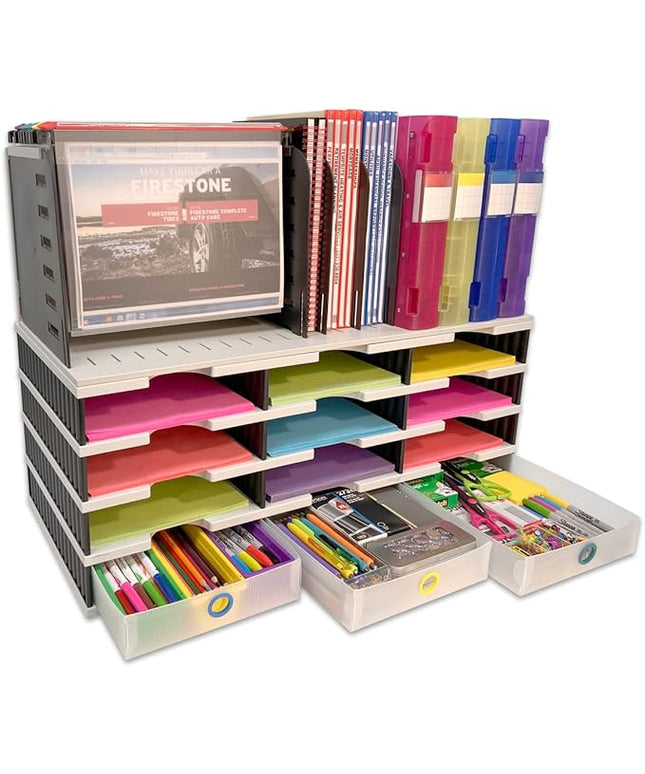 Desktop Organizer 12 Letter Tray Sorter with Hanging File Topper & 3 Supply Drawers - TierDrop Desktop Organizer Stores All of Your Documents, Books, Binders and Supplies in One Compact Modular System