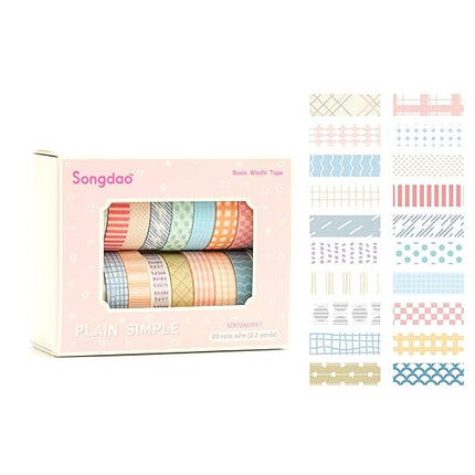 Songdao 20 Rolls Basic Washi Tape Set Japanese Arts Adhesive Tapes Simple Patterns Decorative Masking Tape Sets for Craft, Kids, Scrapbook, DIY, Gift Wrapping (Style One)