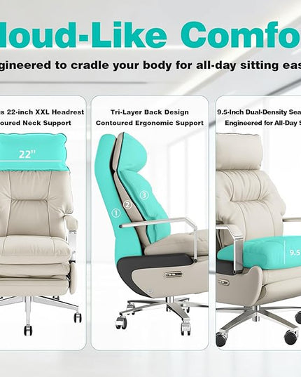 Dual Motor Executive Home Reclining Office Chair with Footrest - One-Click Electric Recline with Massage & Pillow Support Big and Tall PU Leather Ergonomic Desk Chair, High Back Wide Seat (White)