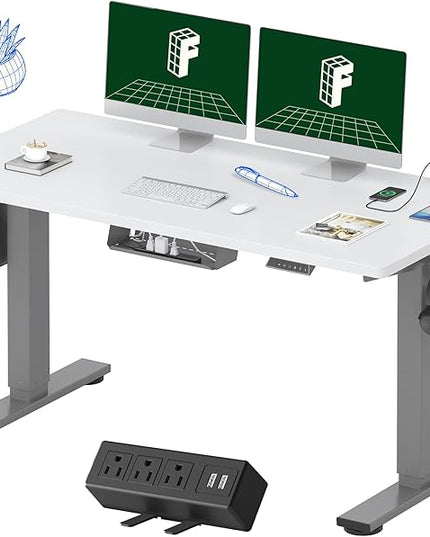 FLEXISPOT EN2 Whole-Piece Standing Desk with Clamp Power Strip, 55 x 28 Electric Stand Up Height Adjustable Desk with Cable Management (Gray Frame + 55" White Top, 2 Packages)