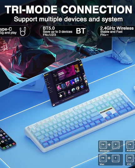 AULA F108 Wireless Mechanical Keyboard, BT5.0/USB-C/2.4GHz Hot Swappable Custom Gaming Keyboards, PBT Keycaps, Pre-lubed Switches, RGB Backlit Full Size Creamy Keyboard with Number Pad, 108 Keys