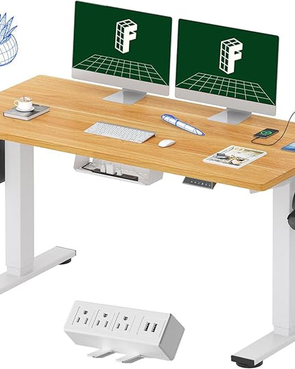 FLEXISPOT EN2 Whole-Piece Standing Desk with Clamp Power Strip, 55 x 28 Electric Stand Up Height Adjustable Desk with Cable Management (White Frame + 55" Maple Top, 2 Packages)
