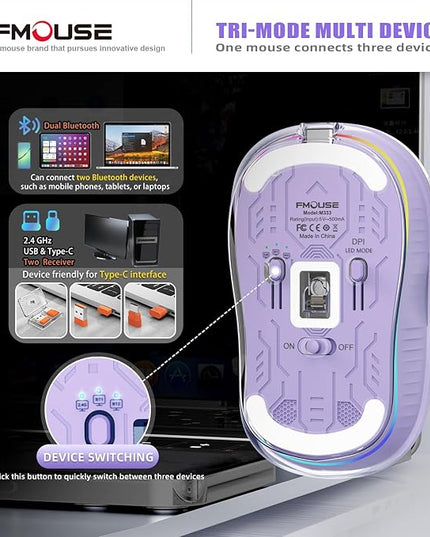 Stunning Transparent Wireless Mouse, Dual Bluetooth & 2.4GHz for Multi Device, USB-C Receiver Ideal for MacBook/Laptops, Rechargeable, Cool LED, Silent, for Girls & Small Hands - Purple