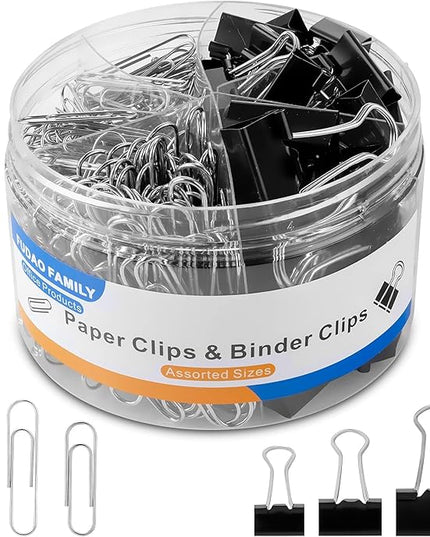 FUDAO FAMILY Paper Clips & Binder Clips, 340 PCS Assorted Sizes, Silver & Black, Metal, Medium, Large, Small