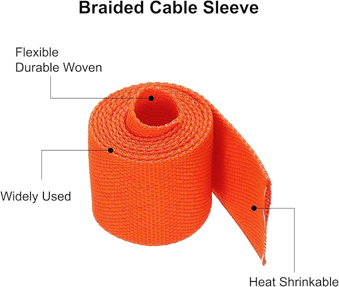 MECCANIXITY Braided Cable Sleeves Heat Shrinkable Fabric Sleeving, 1" 3ft Orange 2:1 Ratio Heat Shrinkable Cord Protector for Harness Cable, Network Cable Protection, Cable Management