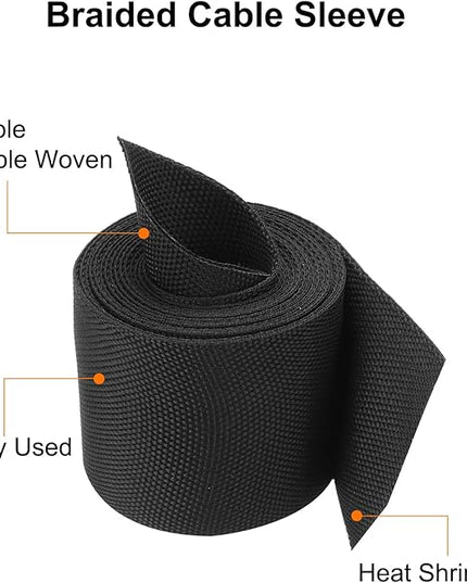 MECCANIXITY Braided Cable Sleeves Heat Shrinkable Fabric Sleeving, 2" 10ft Black 2:1 Ratio Heat Shrinkable Cord Protector for Harness Cable, Network Cable Protection, Cable Management