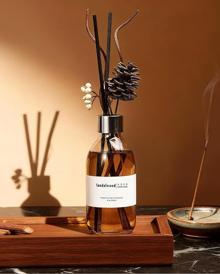 Clesh Reed Diffuser Set, 6.7 oz Sandalwood Scented Diffuser with Sticks, Home Fragrance Reed Diffuser for Bathroom Shelf Decor