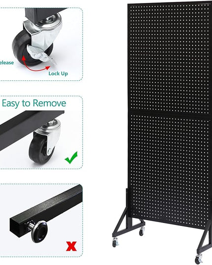 Eastern Tree 2.5'x 6' Metal Pegboard Display Stand with T-Base, Black Peg Board Panels Display with Casters, Standing Pegboard Display, Retail Display Stand, Extra 10 Pieces Hooks, Black