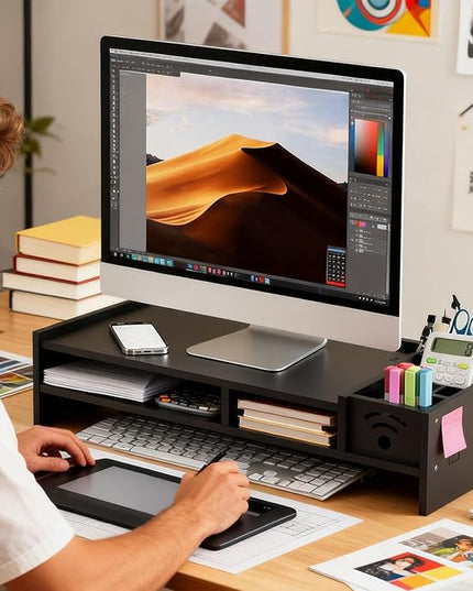 Two Tier Shelf Monitor Stand For Desk, 4.3 Inch Height Monitor Riser With Storage Organizer, Desktop Computer Riser, For Home