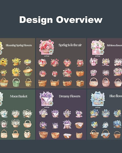 AuriicLeaf Floral Basket Holographic PET Sticker Set, 72Pcs Vintage Flower Stickers for Scrapbooking, Journaling, Junk Journal Supplies, and DIY Crafts