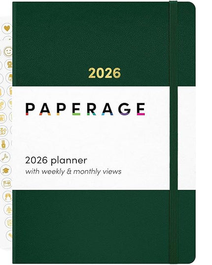 PAPERAGE 2026 Weekly & Monthly Planner, 12 Months (January 2026 - December 2026), 5.6 in x 8 in, Hardcover 2026 Planner with Weekly & Monthly Spreads, Note Pages, Stickers & Back Pocket – Dark Green