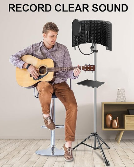 Aokeo Studio Recording Microphone Isolation Shield with Pop Filter & Tripod Stand, High Density Absorbent Foam to Filter Vocal, Foldable Sound Shield for Blue Yeti and Condenser Microphones
