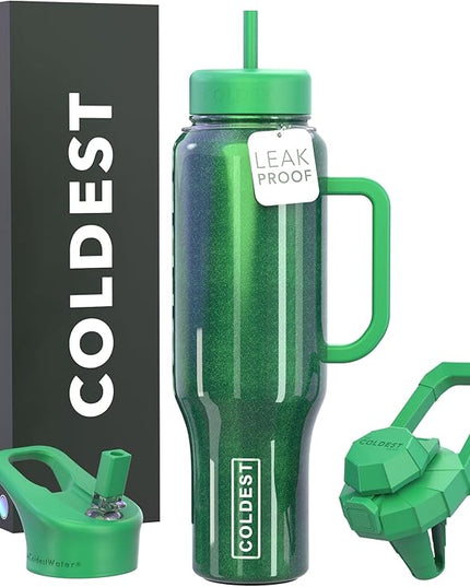 Coldest Tumbler with Handle and Straw, 100% Leak Proof Insulated Tumbler with Lid and Straw (3 Lids), Stainless Steel Tumblers for Women & Men, Cup Holder Friendly, 46 oz (Enchanted Green)