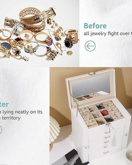 BOOVO Jewelry Box For women, 6 Layer Large Jewelry Organizer With Mirror, Multi-Function Storage Box With Lock, Accessory Holder With 5 Drawers, For Earrings Necklace Ring Bracelet (White)