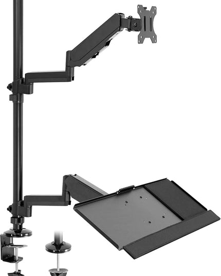 MOUNT-IT! Sit Stand Monitor Desk Mount [Fits 32" Screens] Height Adjustable, Full-Motion Articulating Arm with Keyboard Tray and Cable Management (Black)