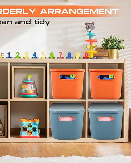 Hoolerry 8 Pieces Colorful Storage Bins with Lid, Plastic Storage Basket Organizing Container Stackable Box with Handle for Shelves Desktop Playroom Office(10.2 x 7 x 6.3 Inch,Blue and Orange)