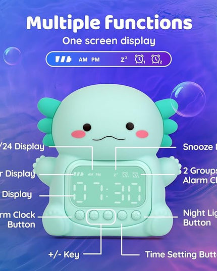 Axolotl Alarm Clock with Night Light for Kids, Rechargeable Silicone Lamp Time to Wake Clock Cute Animal Tabletop Lamp, Perfect Sleep Companion for Boys Girls, Green