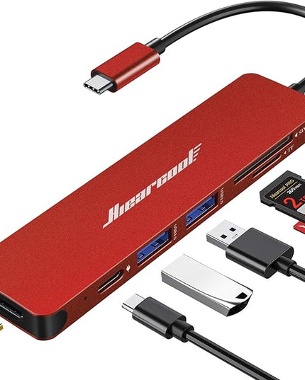 Hiearcool USB C Hub, USB-C to HDMI Multi-Port Adapter for MacBook Pro/Air, 7-in-1 USBC Dongle with 4K HDMI 100W Power Delivery SD/TF Card Reader Type-C Dock for Dell HP Lenovo Laptops-Dark Red