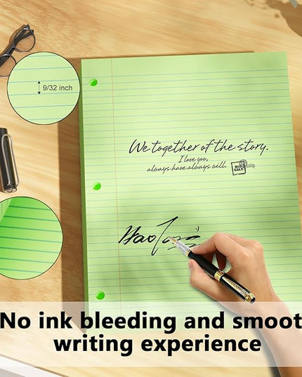 Green Loose Leaf Paper 200 Sheets Colored Filler Paper 2 Pack 8 * 10.5 College Ruled Paper 3-Hole Punched Paper for 3-Ring Binders Notebook Lined 8" x 10.5"
