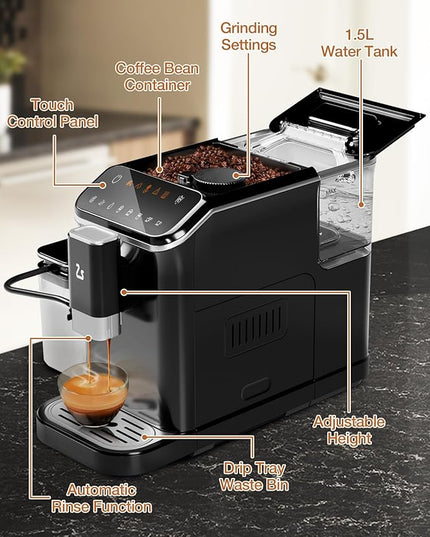 IDEALHOUSE Fully Automatic Espresso Machine with Built-In Grinder and Milk Frother, Touchscreen Control, 20 Bar Pressure, 1.5L Detachable Water Tank, One-Touch Latte & Cappuccino Maker, Black